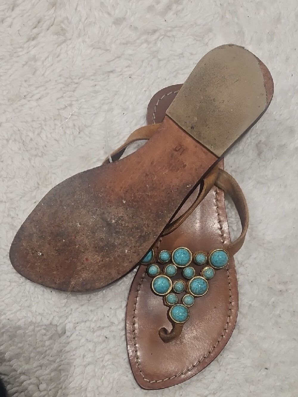 Mystique Boutique Brown Leather Sandals with Turquoise Bead Cluster - Picture 2 of 3
